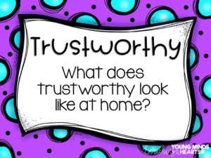 An image asking students what the character trait of trustworthiness looks like when they are at home