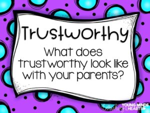 An image asking students what the character trait of trustworthiness looks like with their parents