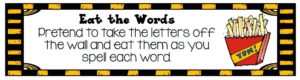 A template that shows students how to act like they are eating the letters in the word when they are practicing spelling words