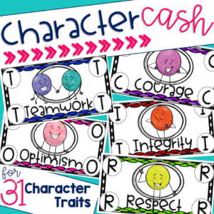 A picture of the cover of the character cash resource that shows what the character traits of teamwork, courage, optimism, integrity and respect look like