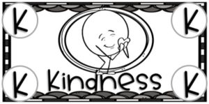 A black and white image of character cash for kindness